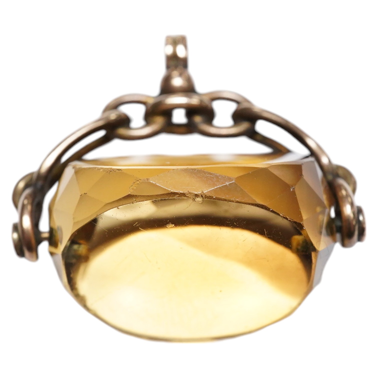 A George V 9ct gold mounted citrine spinning fob, 26mm, Condition - fair